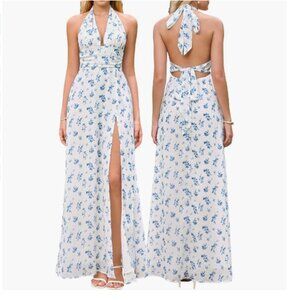 NWT White/Blue Women's Halter Neck Dress Size Large